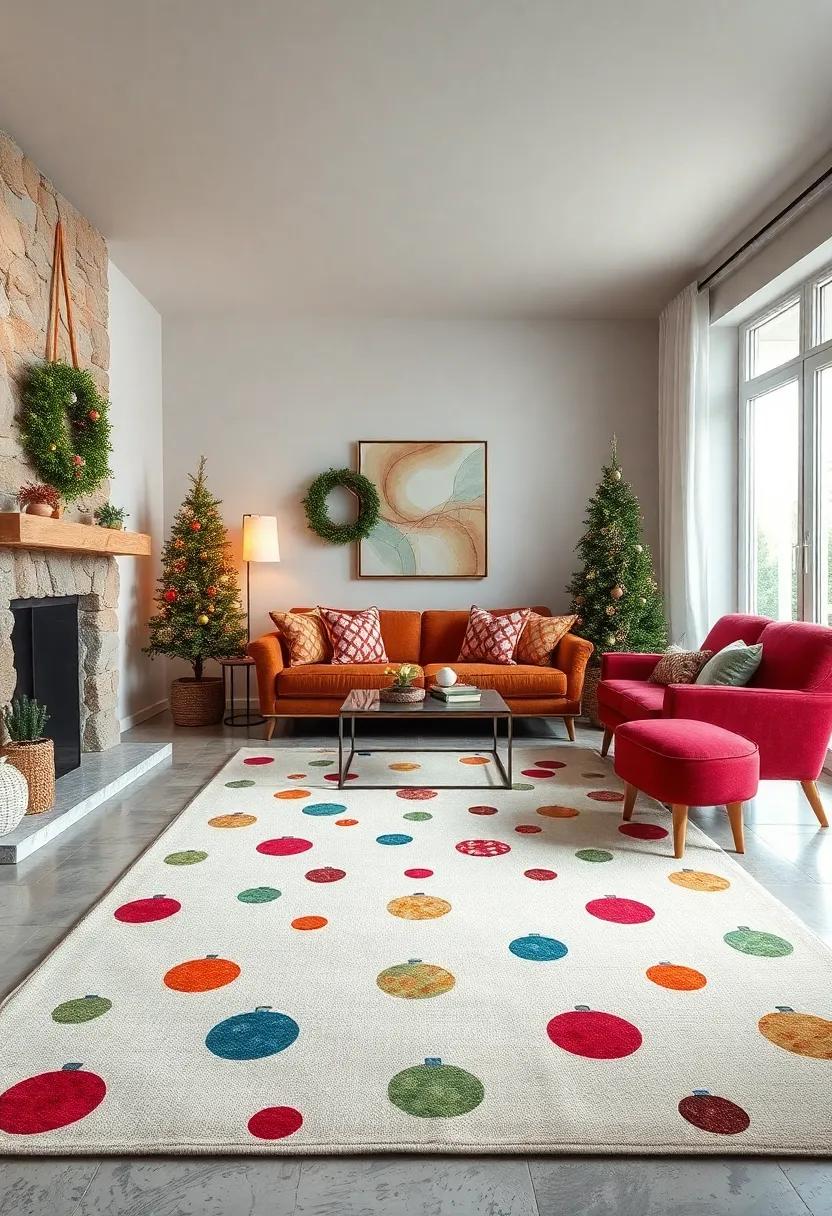 Ornament Delight Rug ⁣- Round,colorful bauble patterns scattered playfully across a ⁤rich linen background