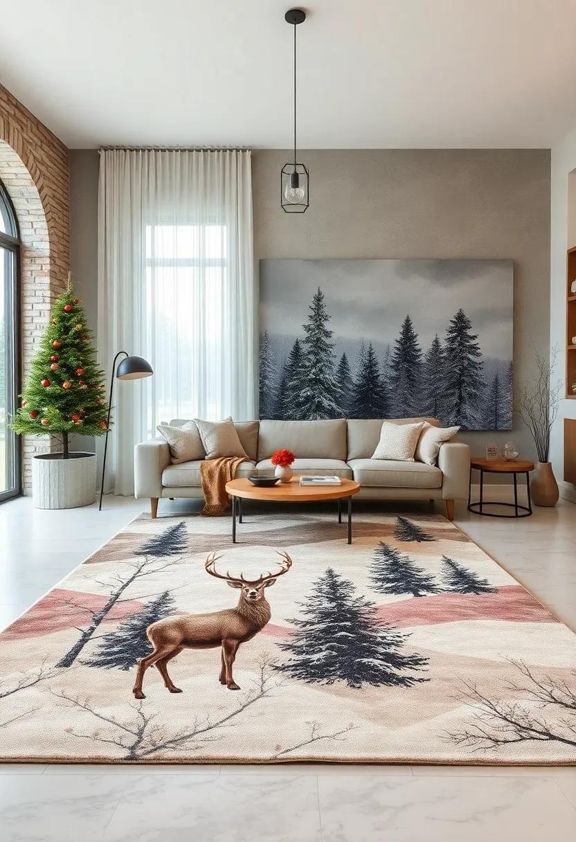 Winter Woodland Scene⁤ Rug - A serene forest scene with deer, ​fir​ trees, and snowy landscapes in‌ muted earth tones