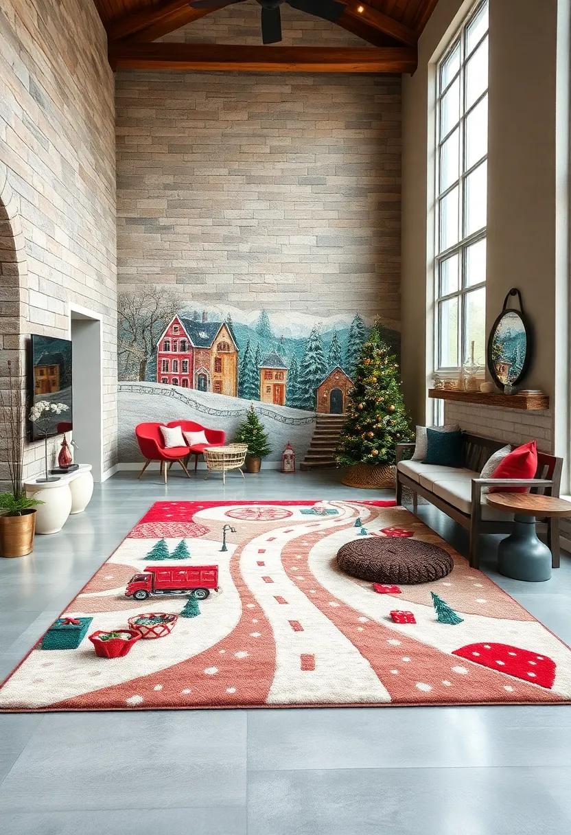 Winter‌ Village‌ Panorama ⁣Rug⁢ - A charming depiction of a ​snowy village scene with houses,lampposts,and carolers