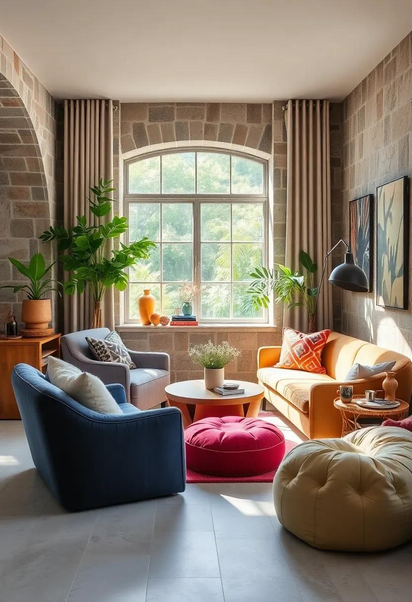 Mix and match seating options like vintage armchairs, poufs, and bean bags for eclectic comfort