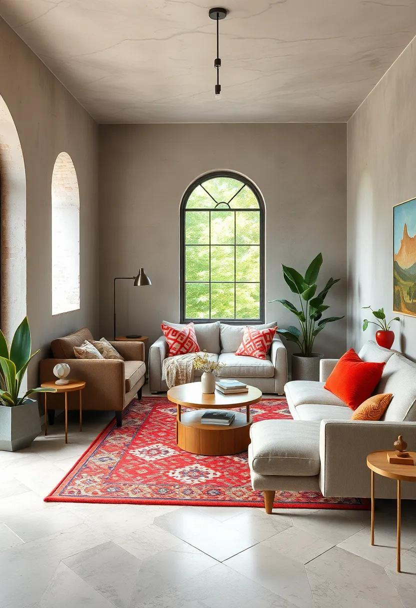 Incorporate a vibrant, patterned rug to anchor the space and add warmth