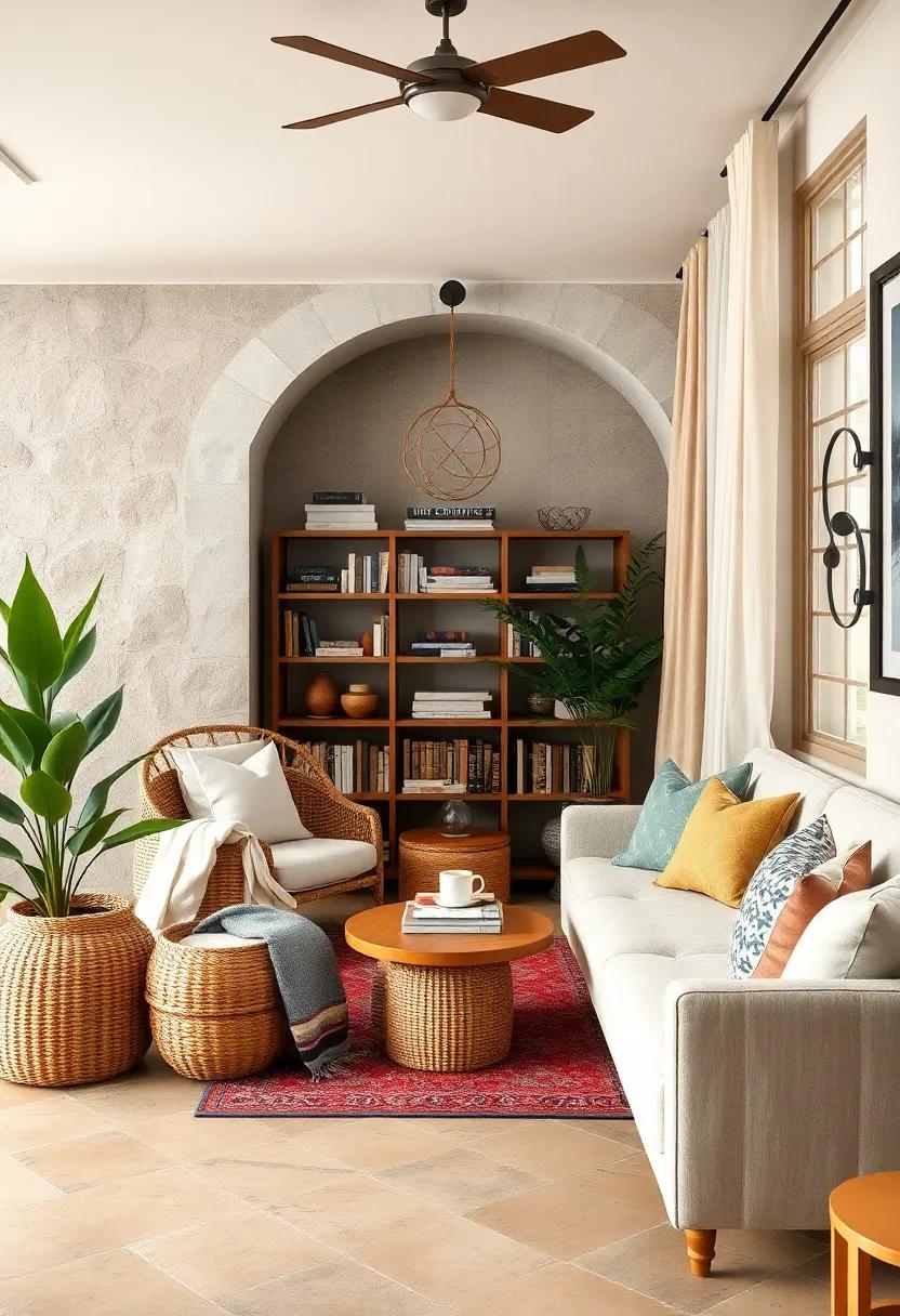 Use baskets and stylish storage solutions to organize blankets, magazines, and books