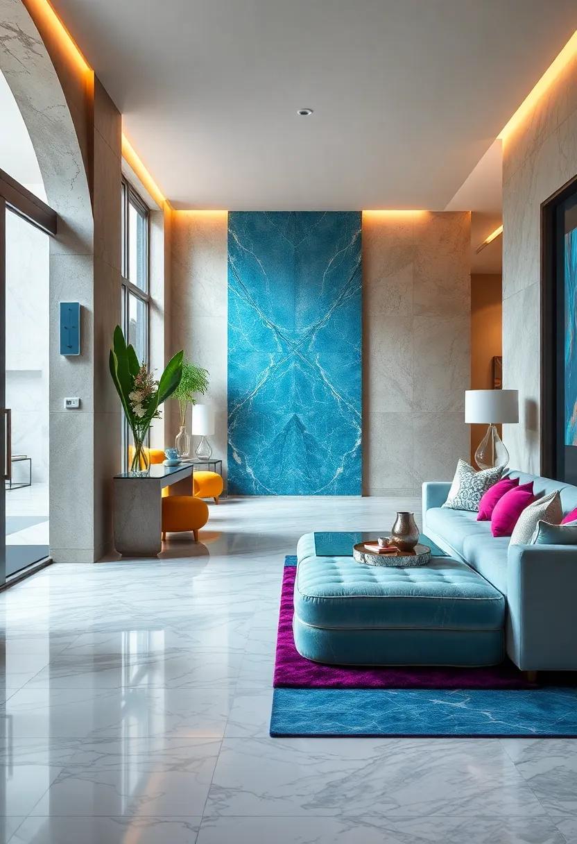 Vibrant⁢ Blue Marble Accents⁢ to Create⁣ a Bold Entry Statement