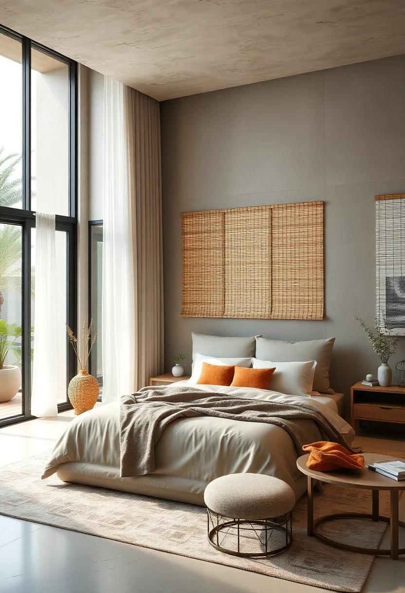 Natural ‍Bamboo Shades Paired with Light Drapes