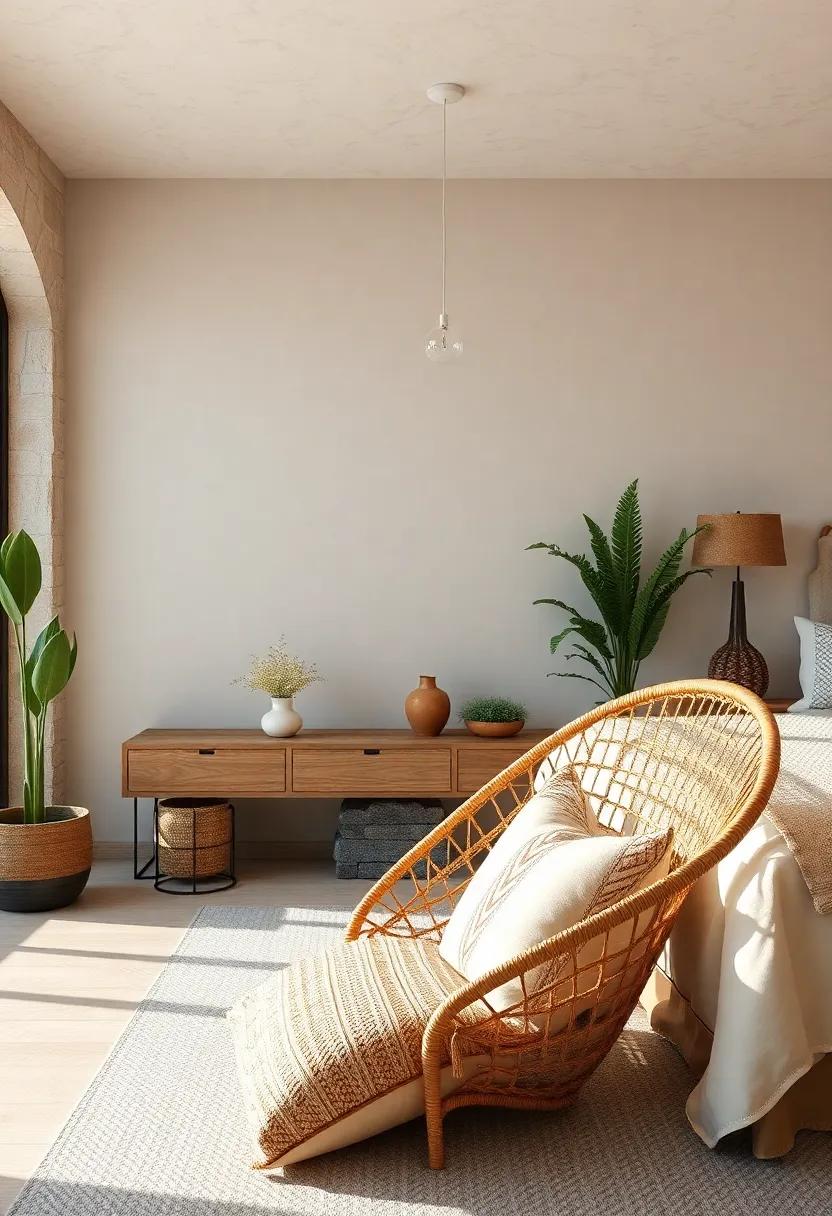 Bohemian-Style Rattan Chair with a Cozy Floor Pillow