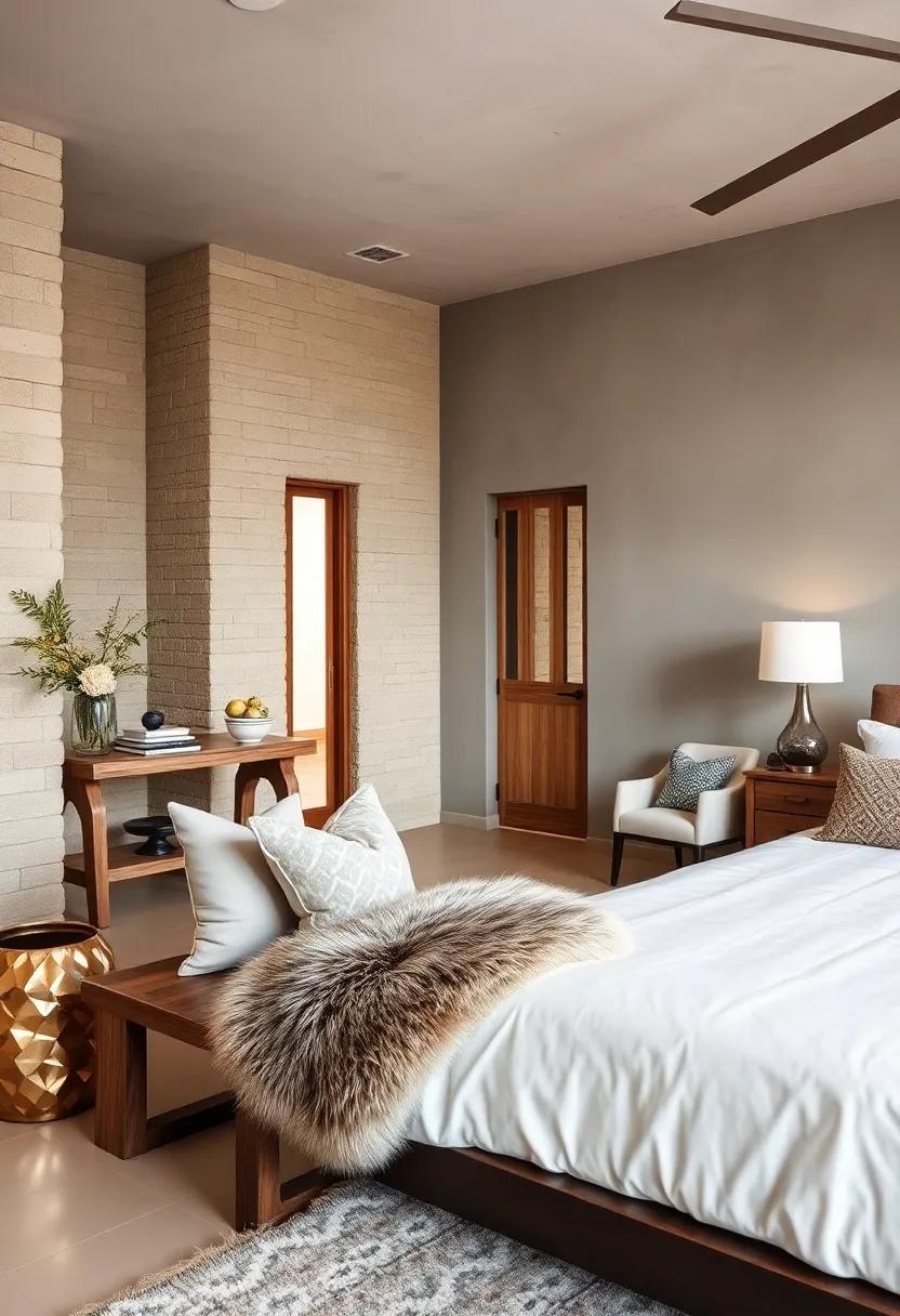 Rustic Wooden Bench with Faux Fur ‌Throw for Warmth