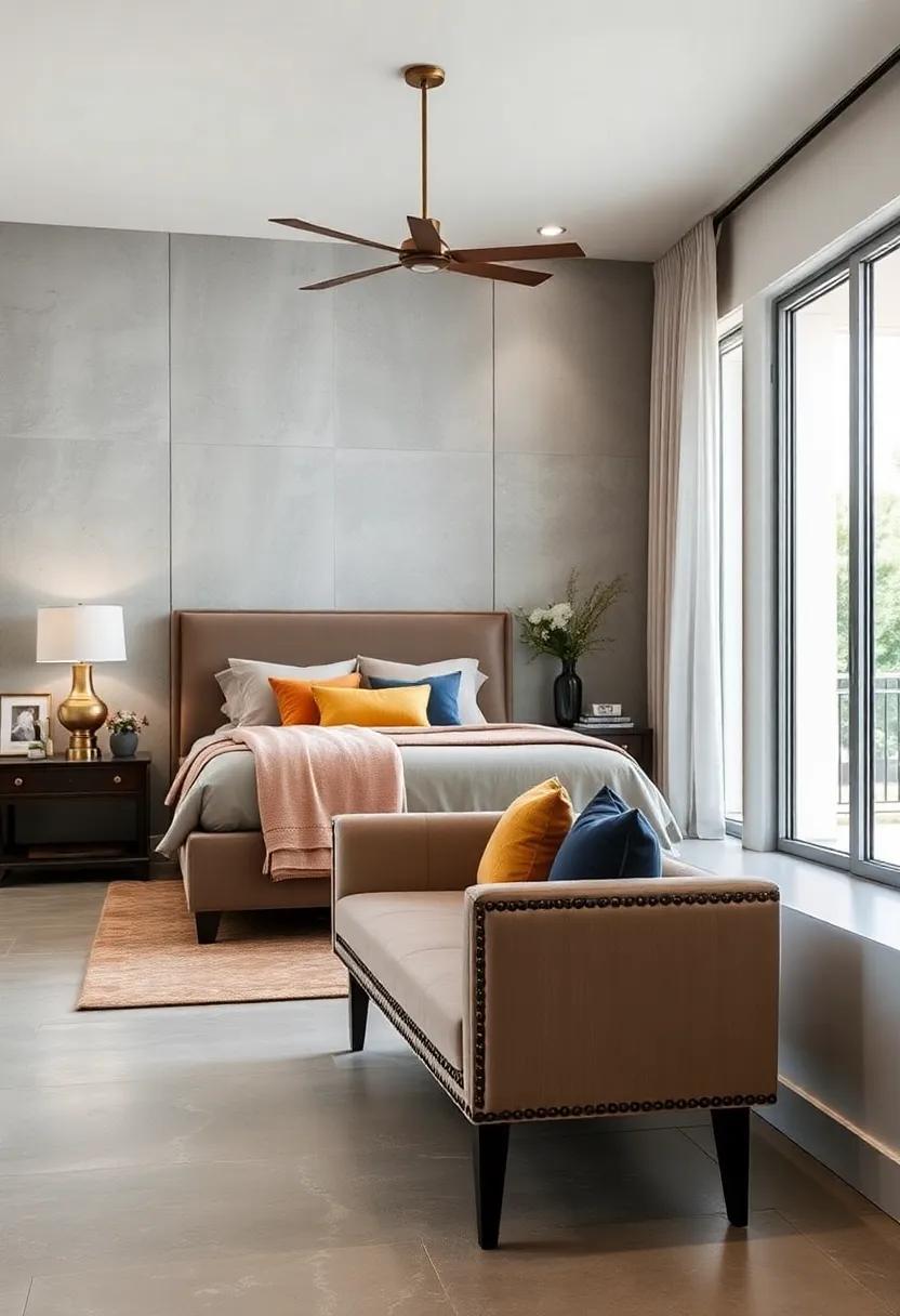 Upholstered Bench with Nailhead Trim at the Bedroom Entrance