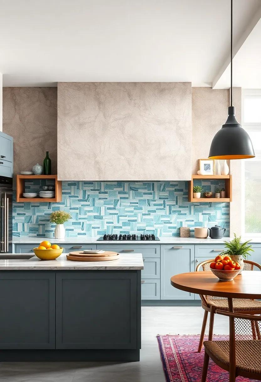 A blend of pastel blues ‌and greens in delicate tile patterns softens and brightens this bold‌ kitchen