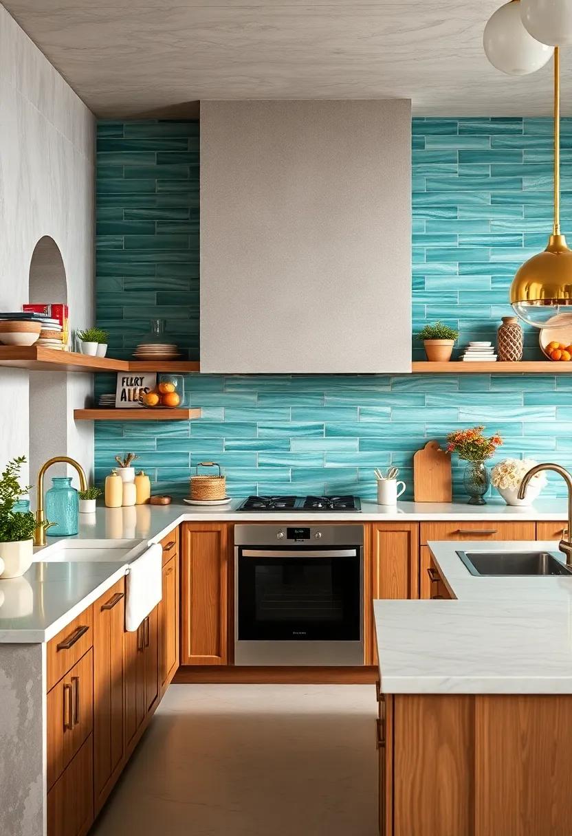 Bold ⁤teal tiles⁤ serve as an unexpected backdrop, perfectly paired with​ brass‍ fixtures ‌and warm wooden cabinetry