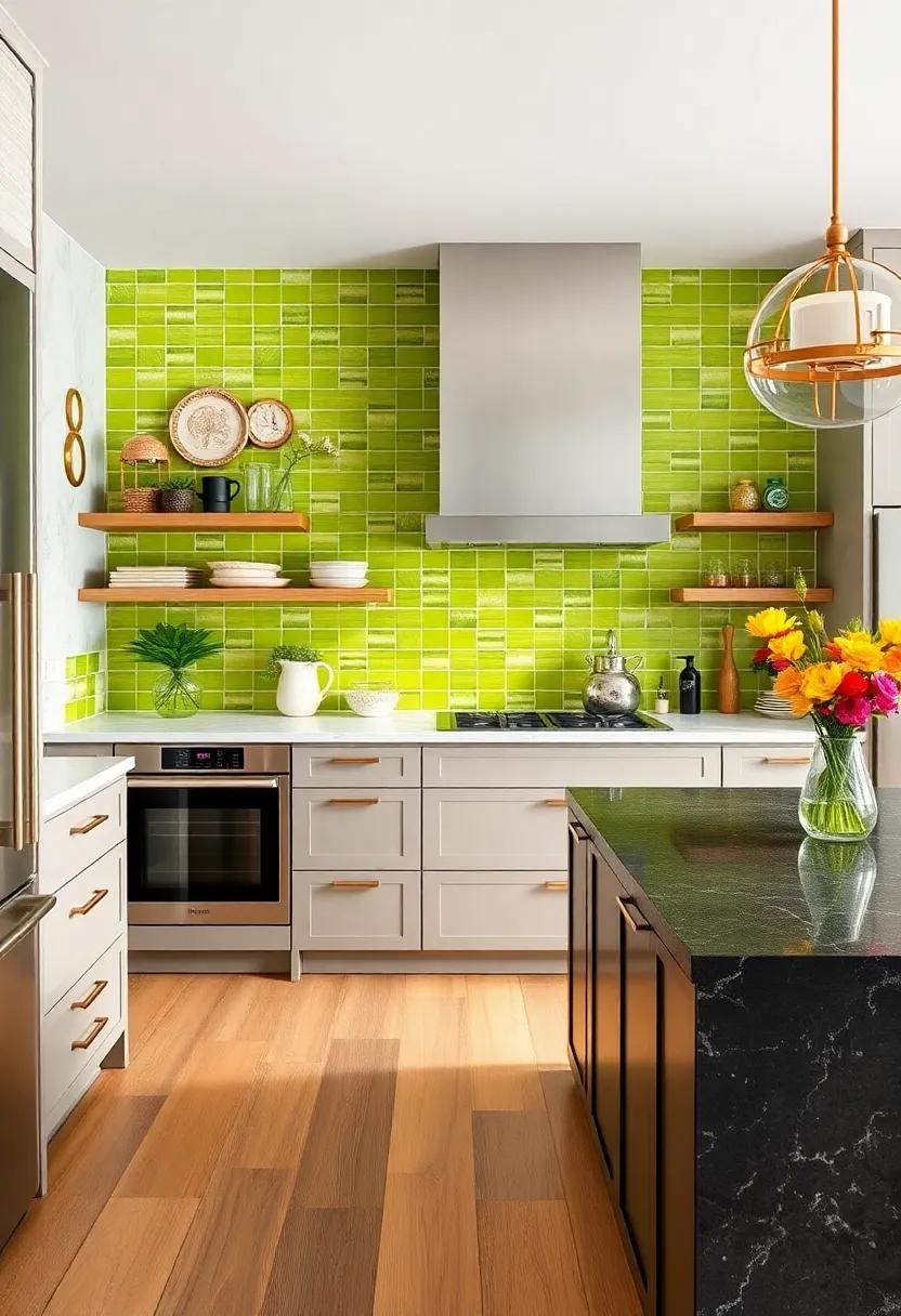Bright lime green backsplash tiles contrast beautifully with dark‍ granite countertops for a‍ fresh, dynamic ⁤look