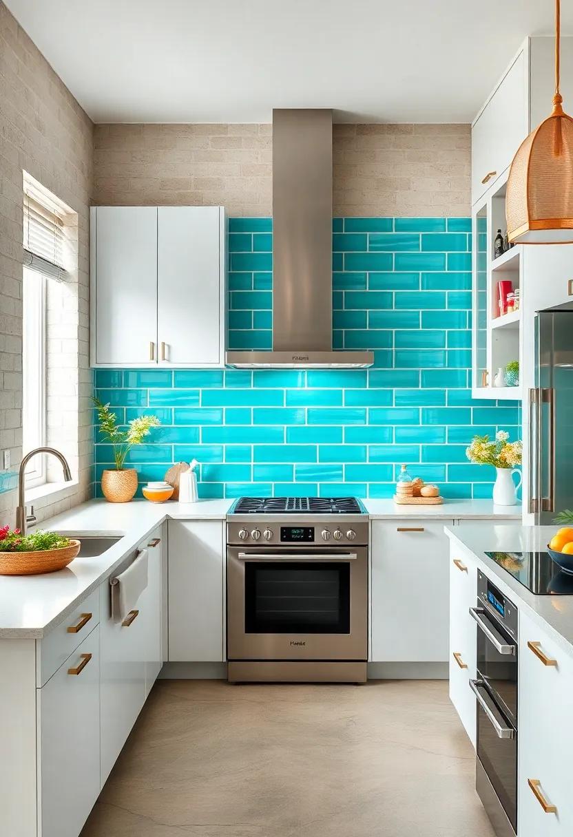 Bright ‌turquoise ​subway tiles serve as ⁤a radiant backdrop against stainless steel appliances