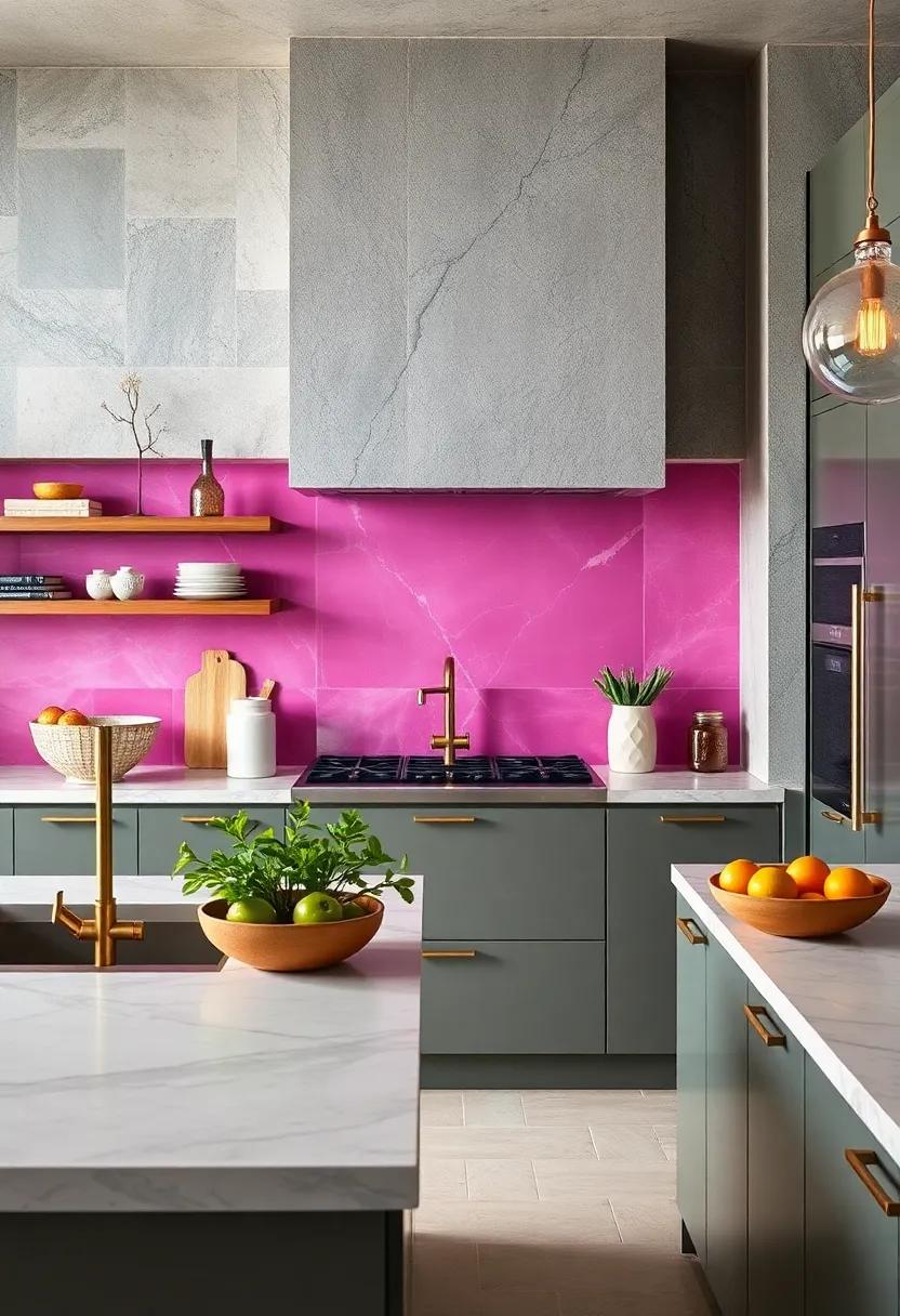 Candy-colored backsplash in pinks​ and purples creates a fun, retro vibe in this maximalist kitchen