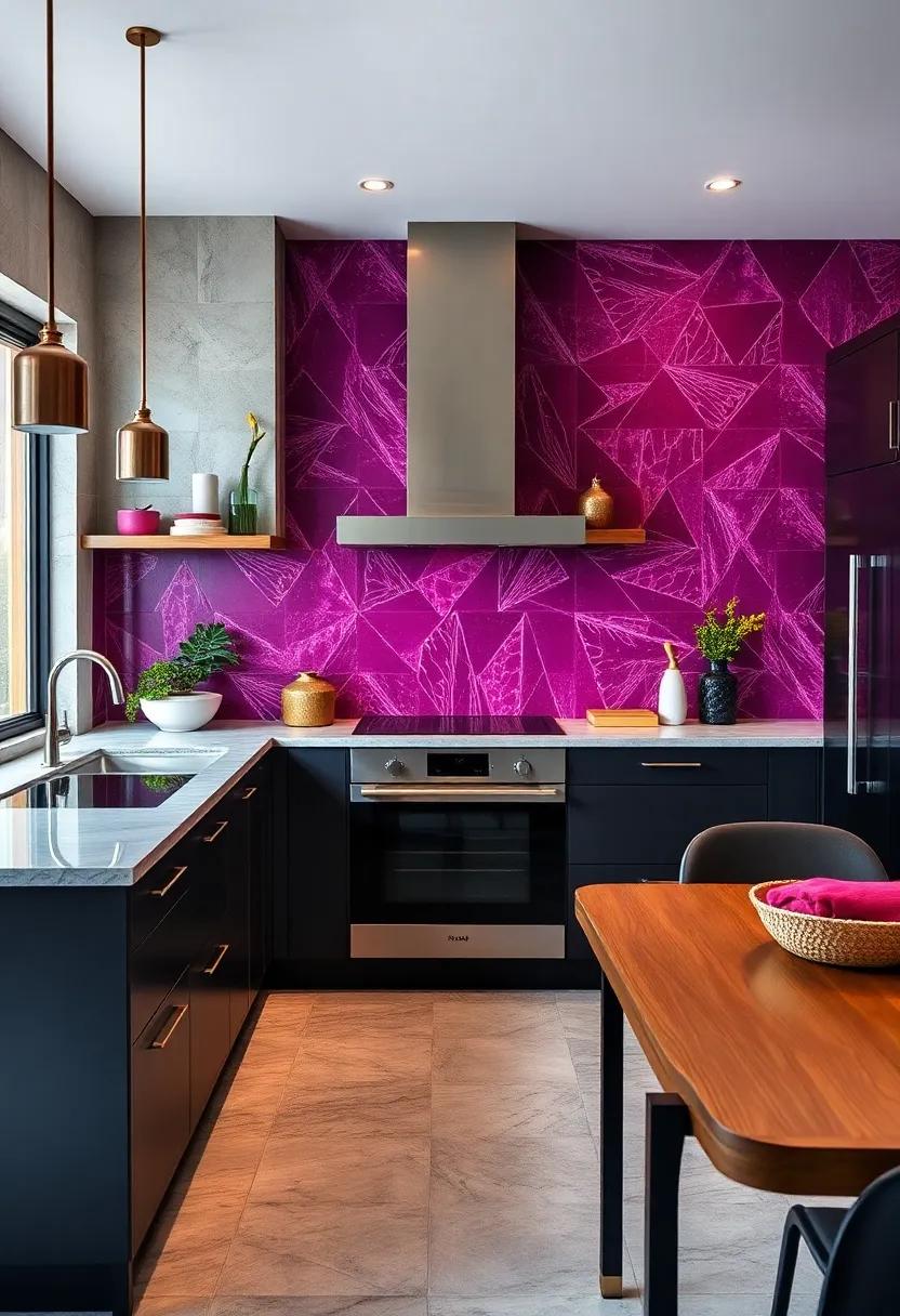 Deep purple and magenta tiles provide a rich, opulent feel, perfectly paired with dark cabinetry