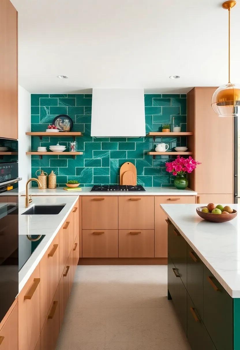 Glossy⁤ emerald ‍green​ tiles paired with white marble⁤ countertops ⁢provide a luxe ‌yet⁣ vivid setting