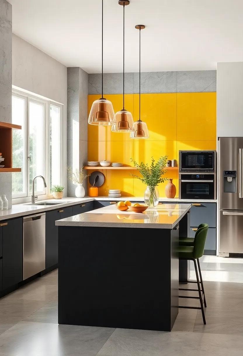 Glossy⁢ golden yellow backsplash⁣ panels reflect natural light, amplifying the ‌kitchen's cheerful ⁢vibe