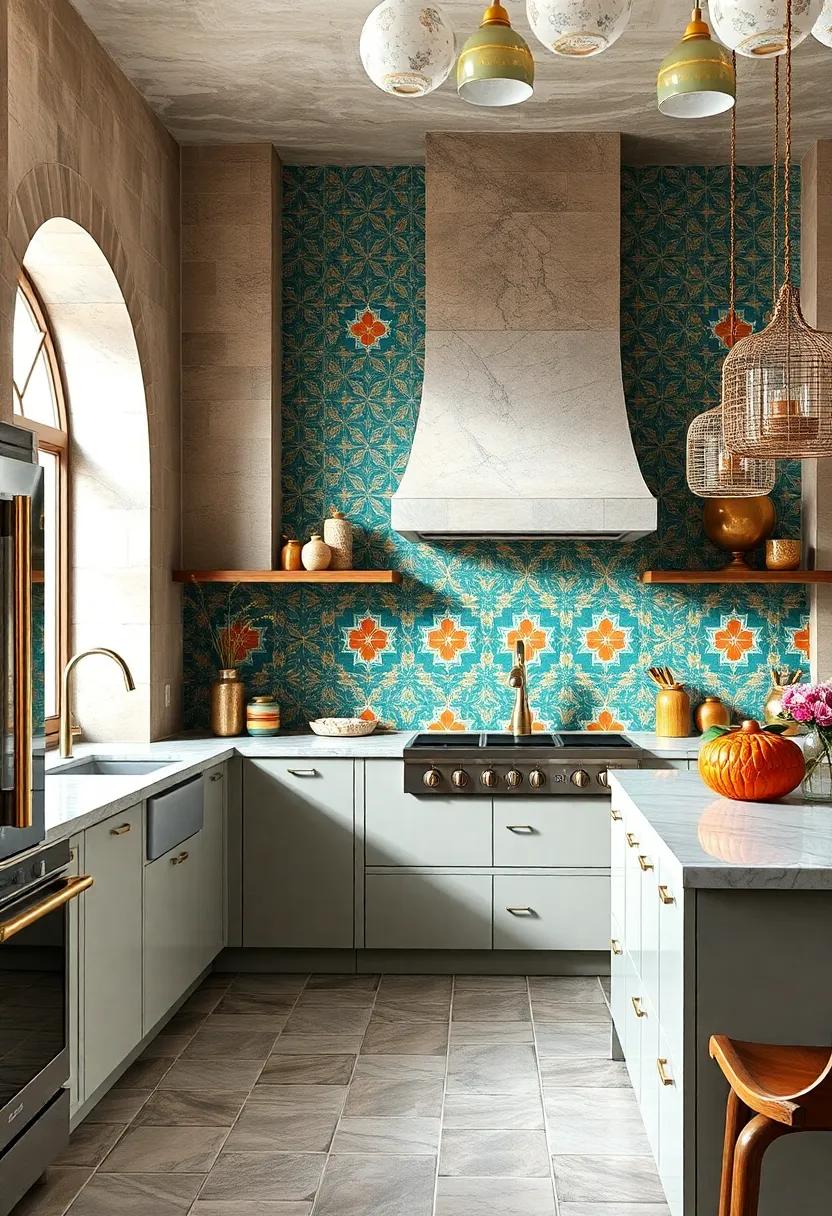 An intricate⁣ Moroccan tile pattern in ‍turquoise⁢ and coral⁣ infuses the space with bold cultural flair