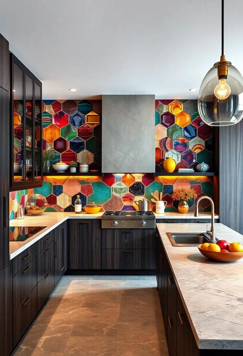 A kaleidoscope ⁤of jewel-toned glass ⁤tiles perfectly complements the⁣ dark⁤ wood and⁢ gold accents