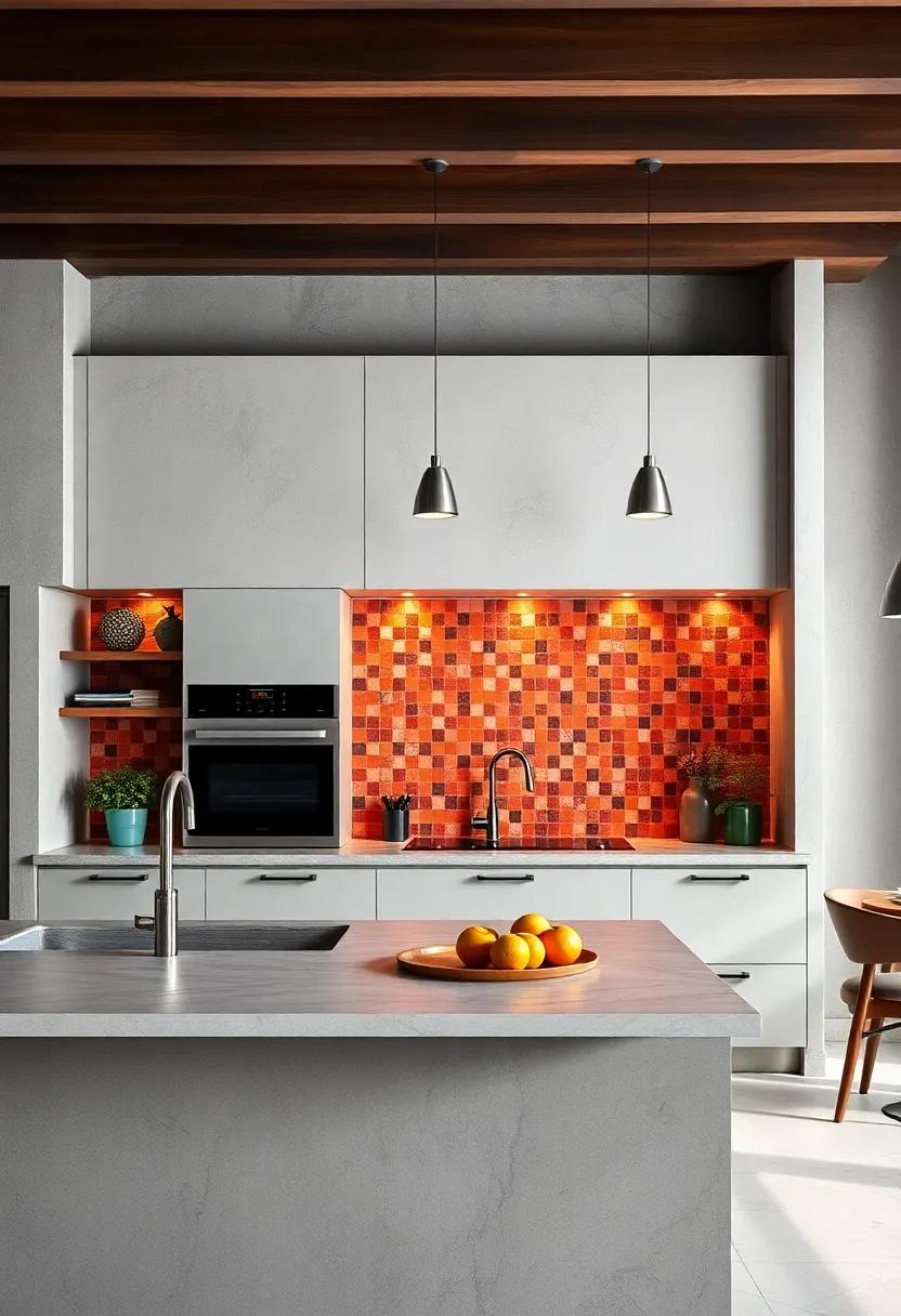 A lively ‍kitchen featuring a mosaic backsplash in fiery⁢ reds and oranges that energizes the⁣ space