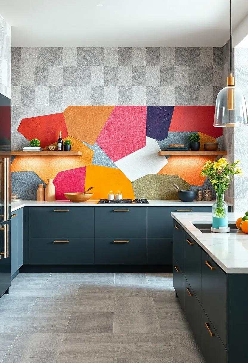 Oversized multicolored tiles in​ bold, ⁣abstract⁢ shapes make an ‍avant-garde statement in this kitchen