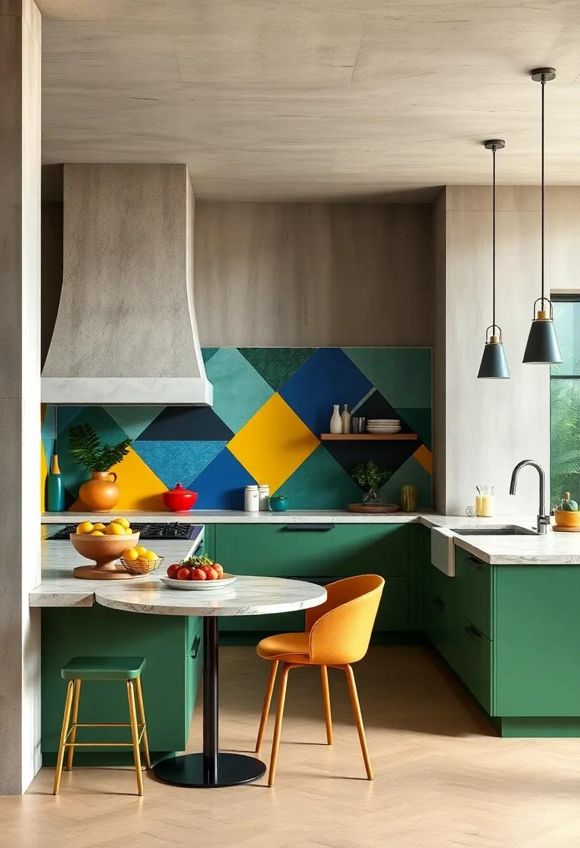 A playful ‌mix of geometric⁢ shapes​ in vibrant blues,yellows,and greens animates this eclectic kitchen