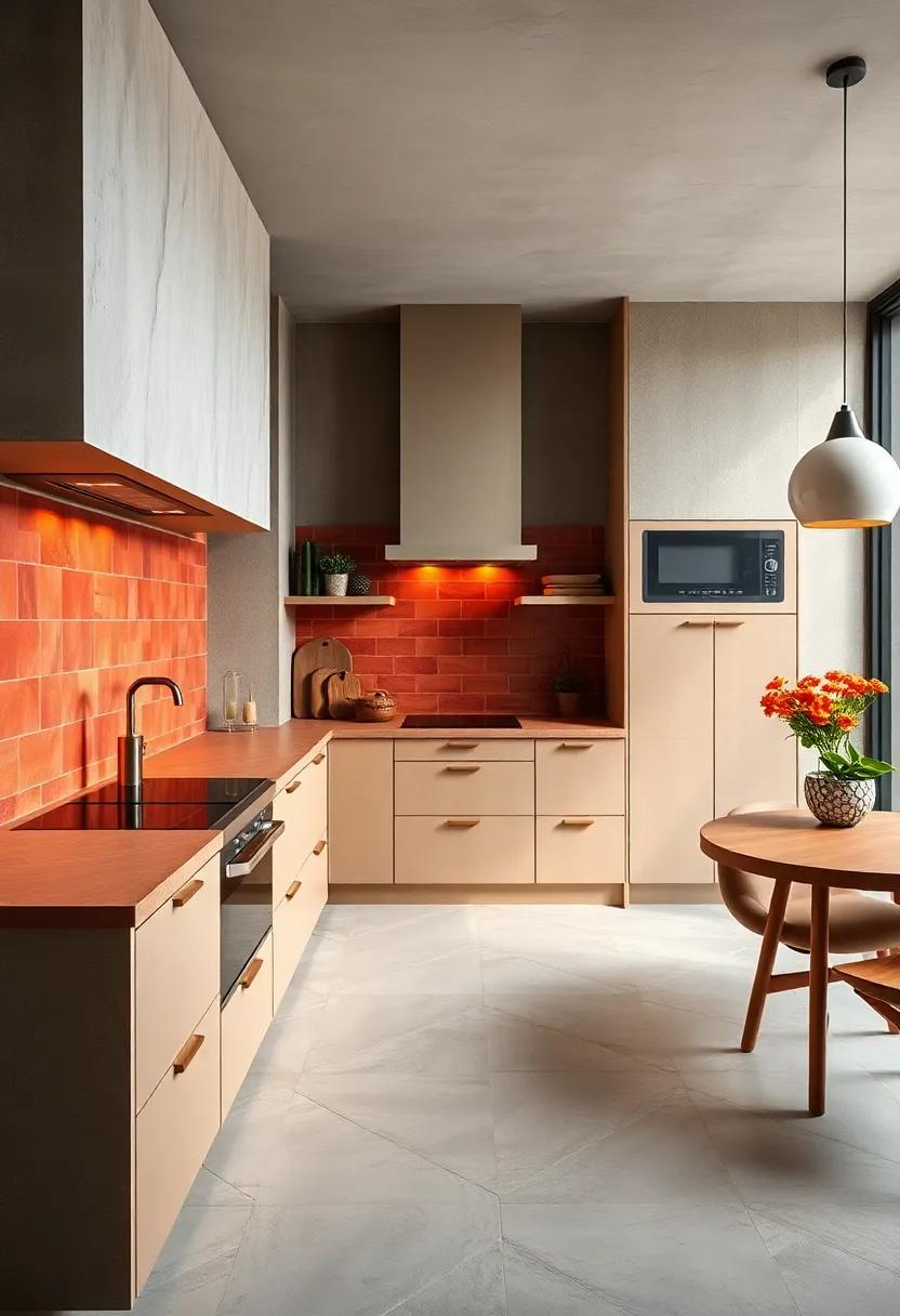 A rich ⁢palette of burnt orange‍ and ⁣deep red tiles forms a warm and inviting kitchen sanctuary