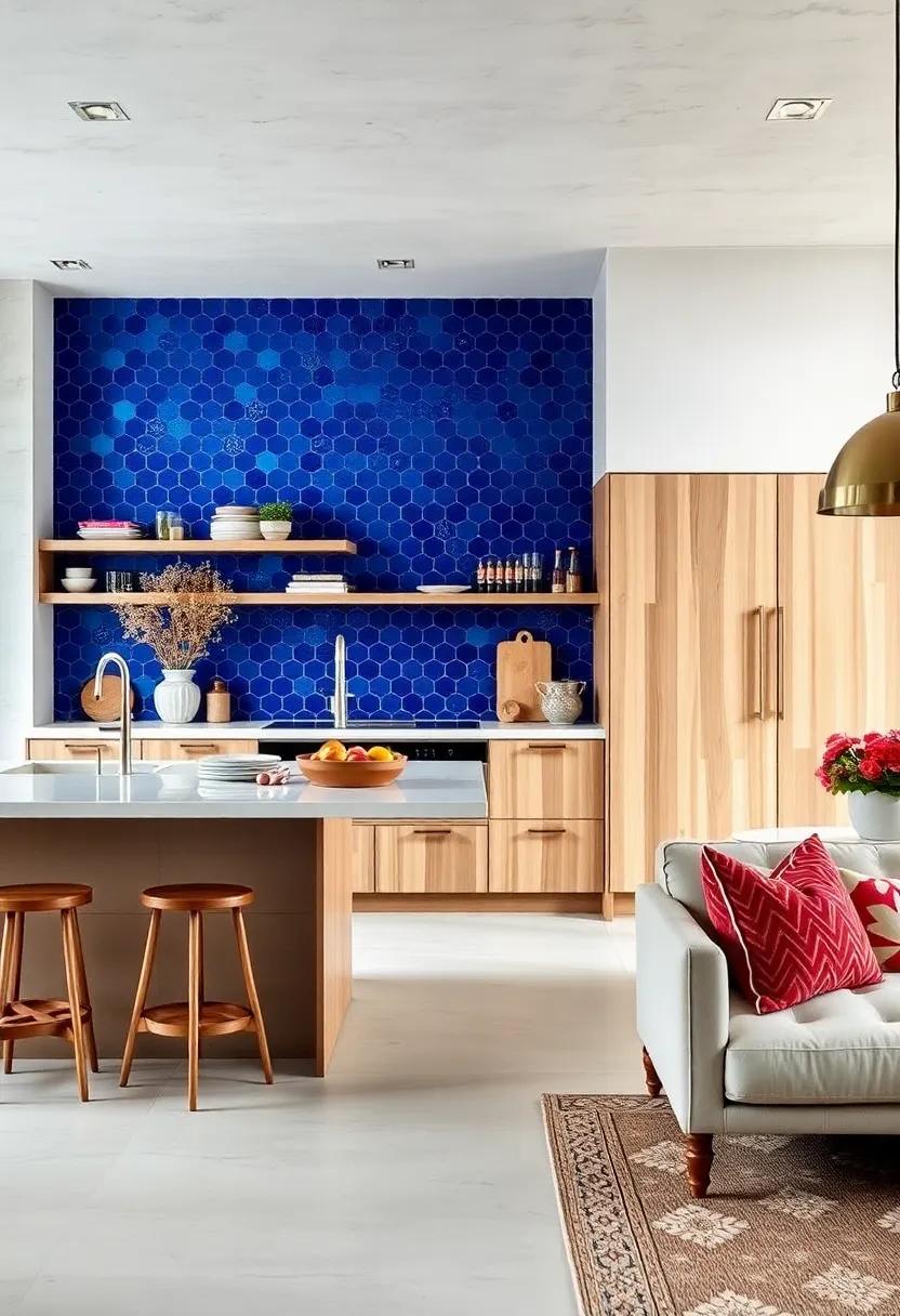 Striking cobalt ‌blue hexagonal tiles create depth and drama in ​a bright, ⁣open-plan kitchen