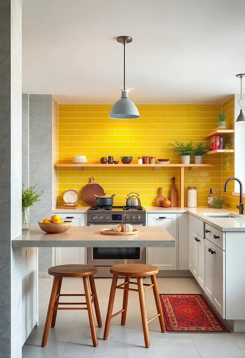 Sunshine‍ yellow‌ subway ⁣tiles⁣ bring a cheerful glow to this ​cozy ⁢and colorful cooking nook