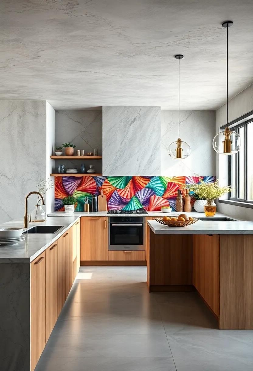 A⁣ vibrant rainbow tile ​pattern ‍transforms the‍ backsplash ‍into the focal point of this artistic kitchen