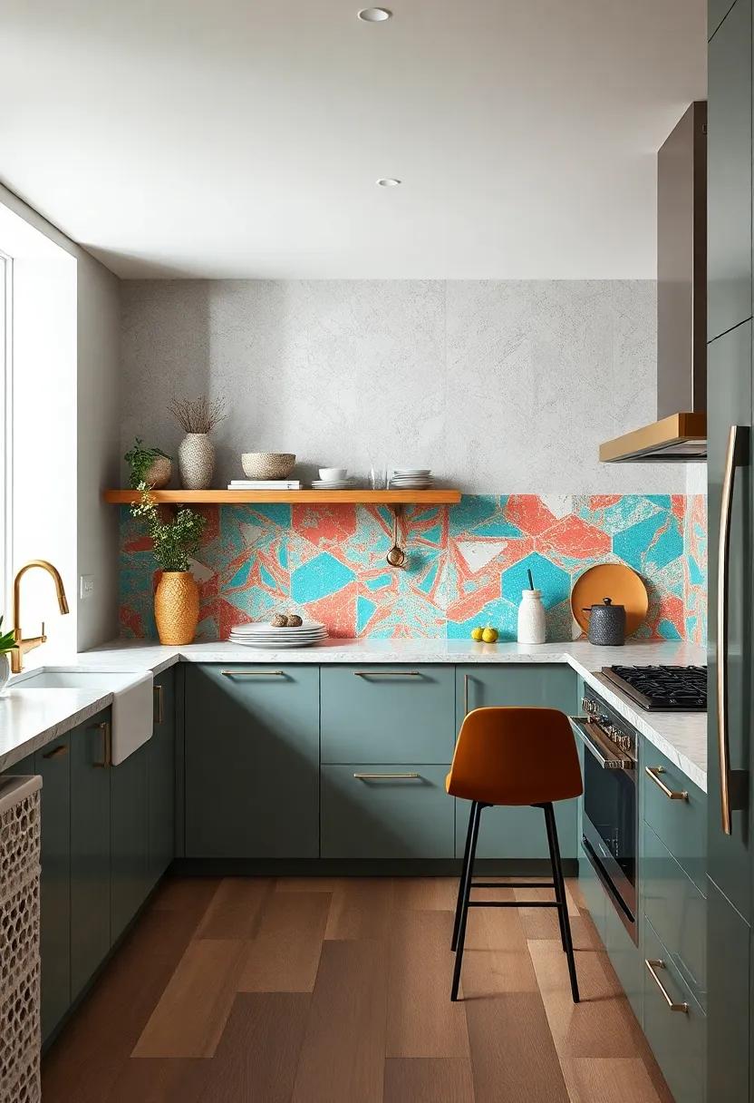 Vibrant turquoise ‌and‍ coral terrazzo tiles create a⁤ playful ‍texture and color mix on the backsplash