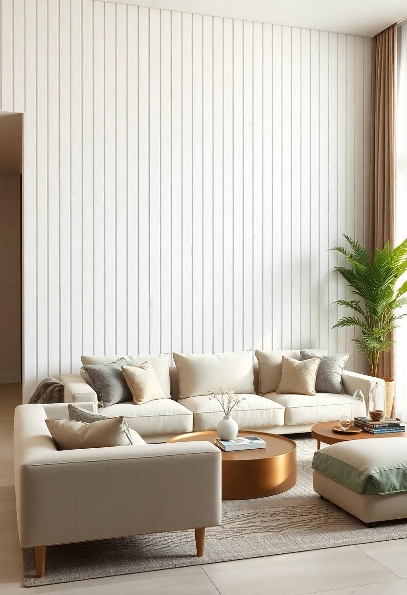 Soft ⁤White​ Wood Slats:⁤ Arrange narrow white‌ wood slats ⁣vertically for a ‌textured yet airy ⁢accent‍ wall that ‌brightens ‍the⁢ living room ​with understated charm
