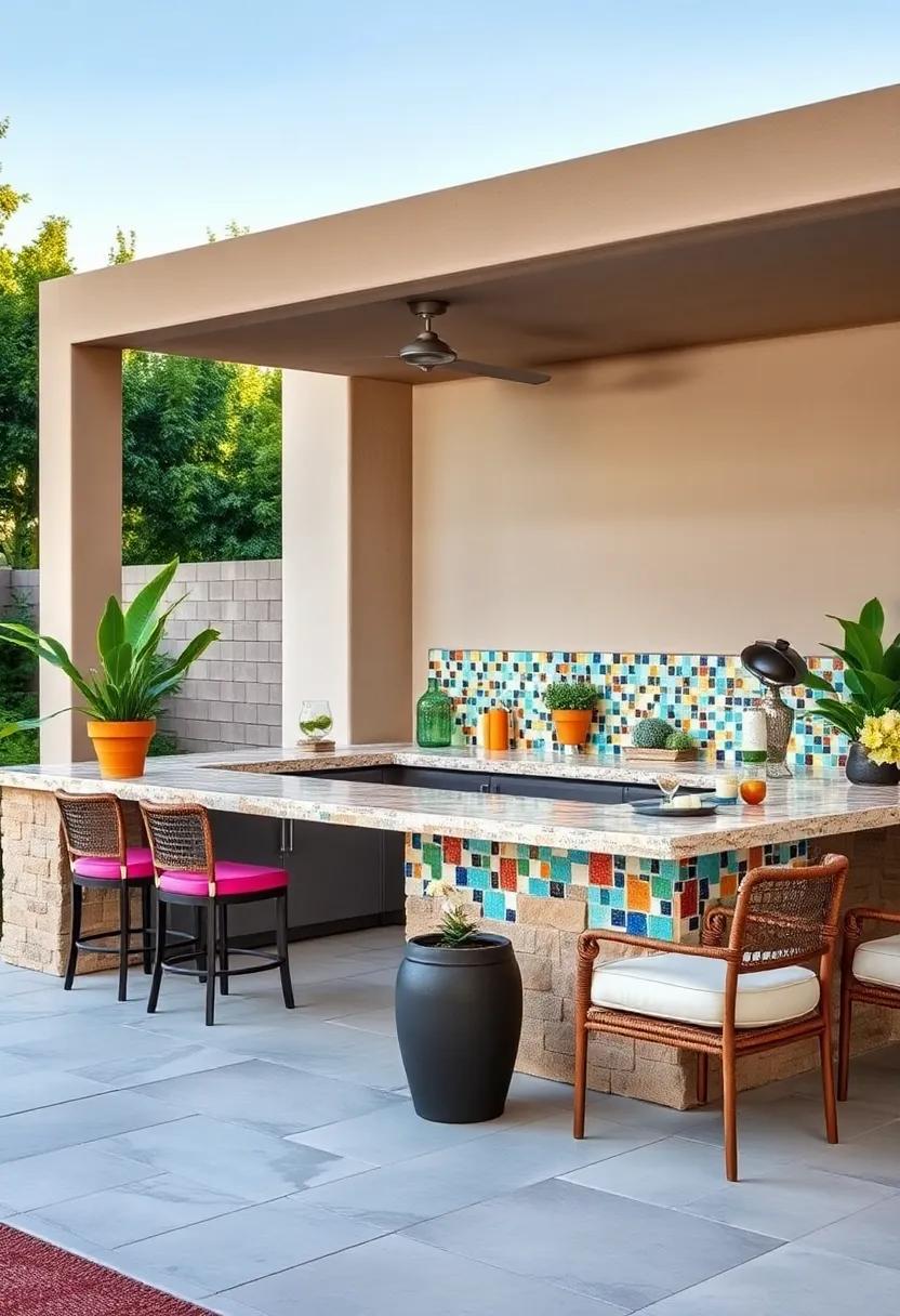 Artistic‌ mosaic counter patio bar with vibrant tiles creating a one-of-a-kind centerpiece ​in your backyard