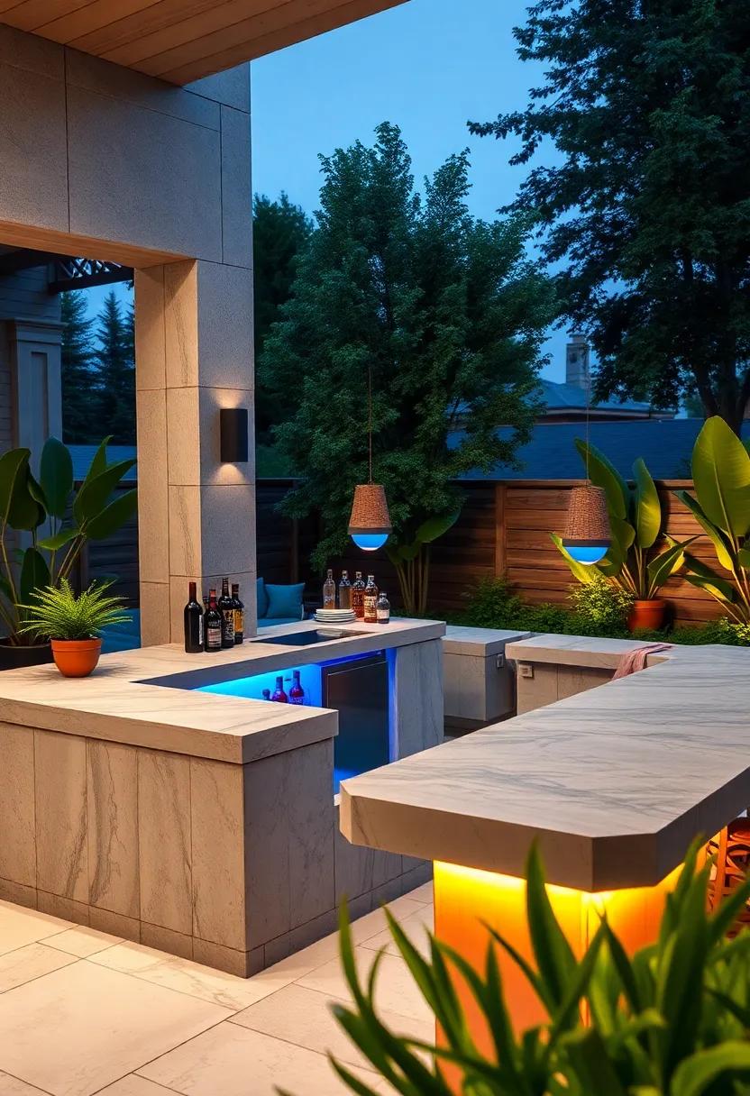 Bold geometric patio bar boasting a multicolored⁤ concrete counter with ⁢built-in LED strips for vibrant nights