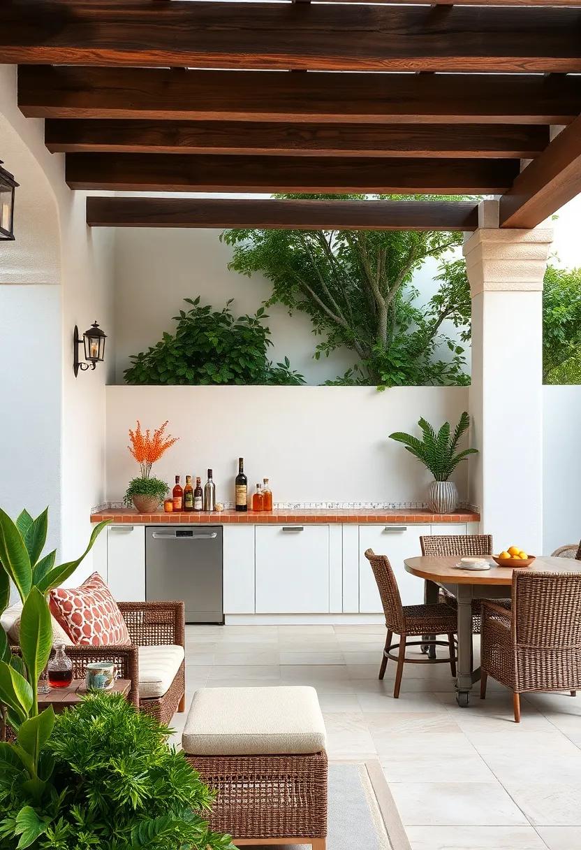 Classic⁢ white stucco⁤ bar with a tiled terracotta countertop, capturing the essence​ of Spanish villas