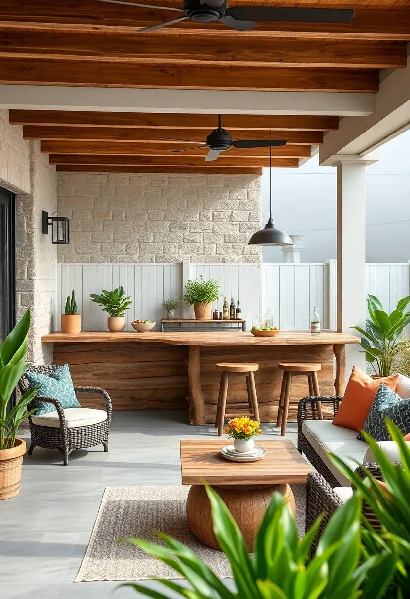 Coastal chic bar featuring ⁢a weathered driftwood counter and rope accents, perfect for seaside patios
