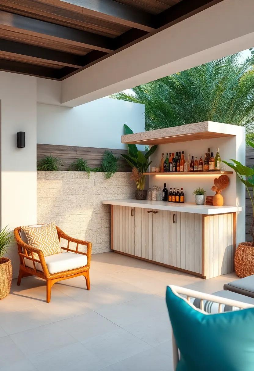 Coastal-inspired bar with a whitewashed timber counter and seashell ‍accents for a beachy vibe