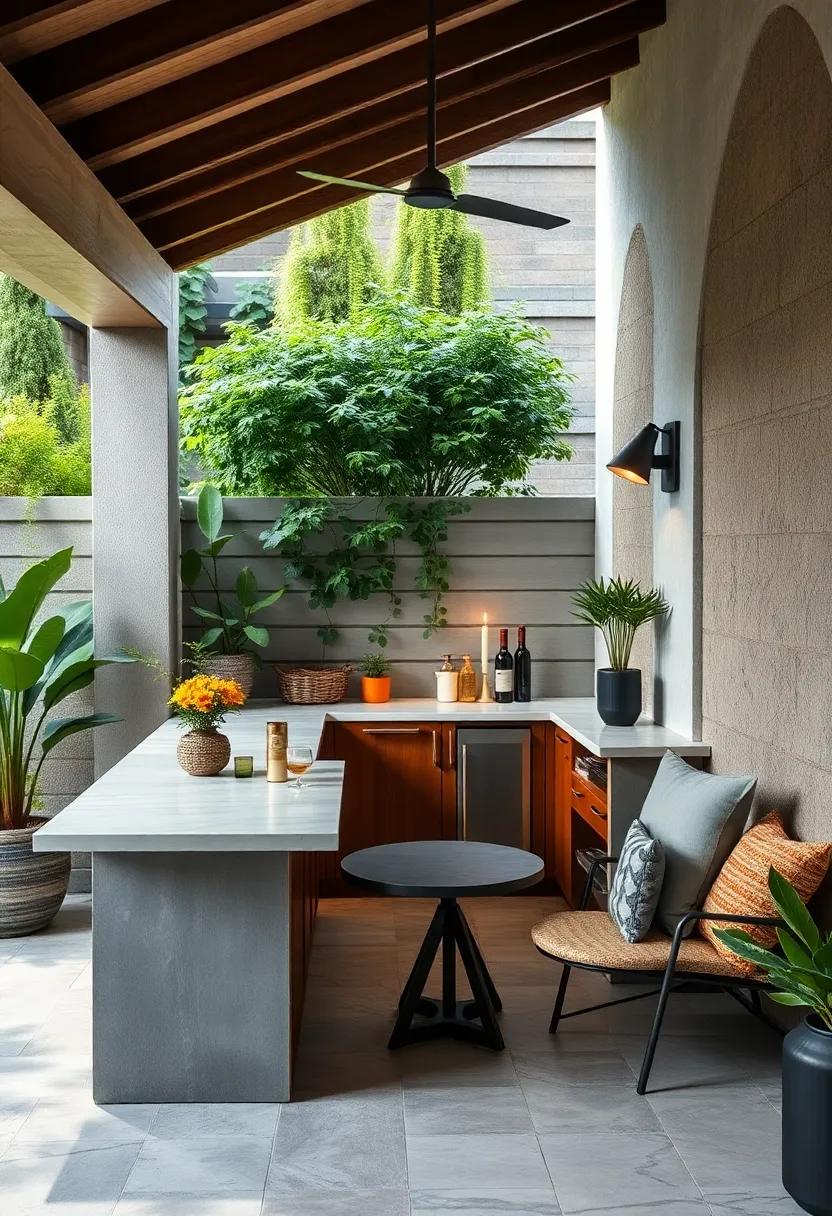 Compact L-shaped patio bar with a durable ‌quartz surface and integrated‍ storage shelves for outdoor essentials