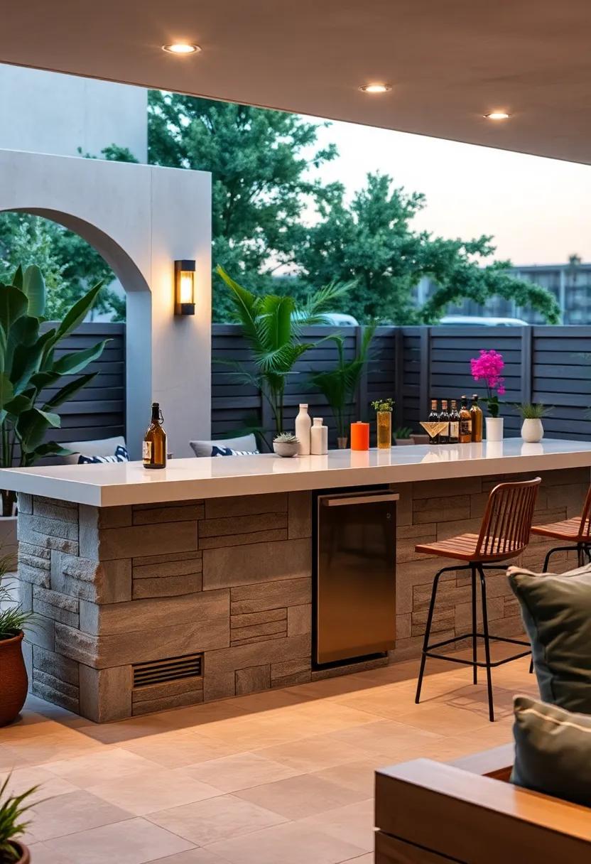 Contemporary⁣ concrete block bar featuring‌ a polished, seamless countertop and stainless steel accents