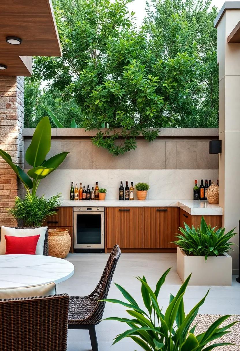 Cozy corner bar with ⁤a smooth⁤ marble counter and integrated planter boxes to bring nature closer