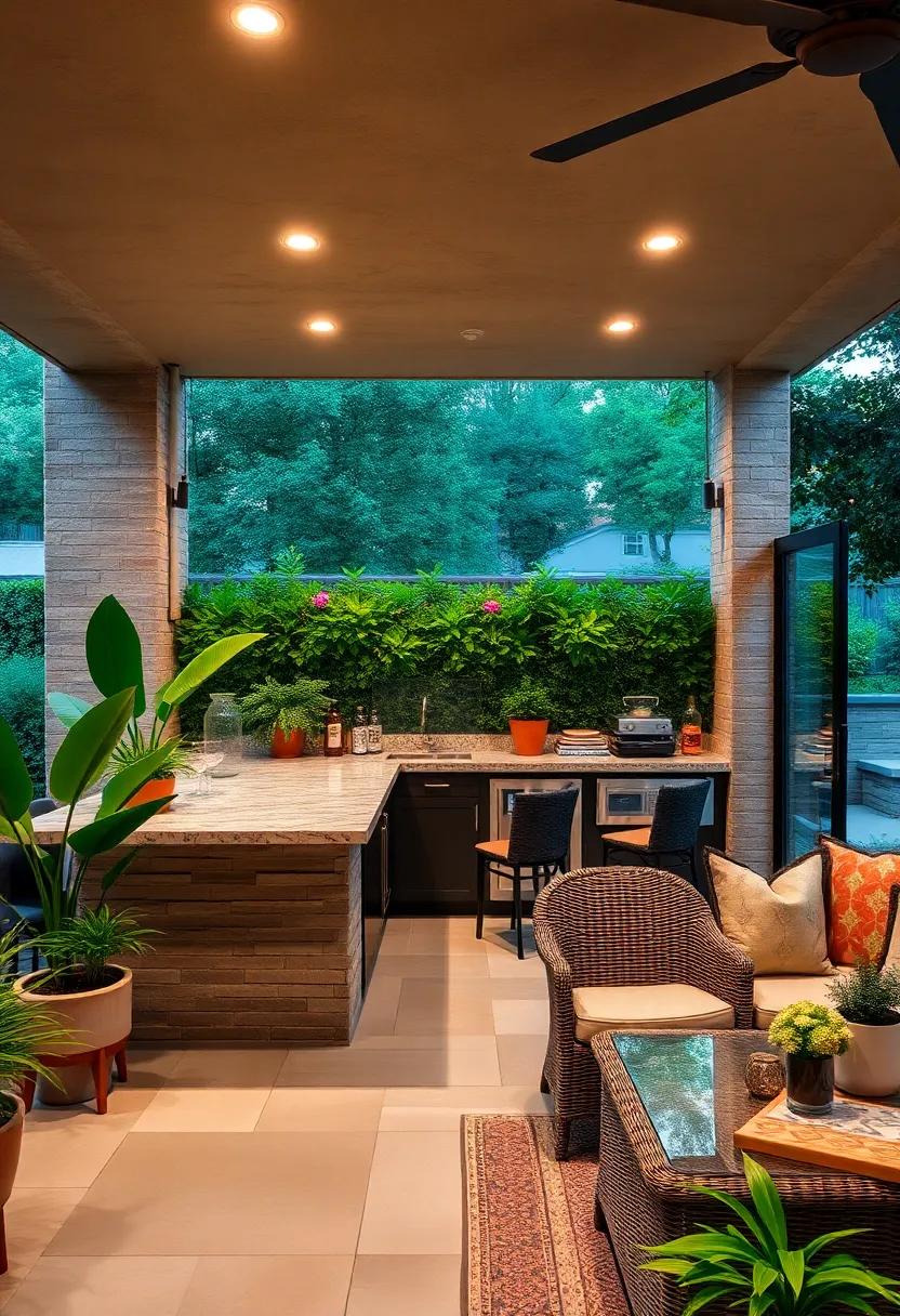 Enclosed bar with​ a ‍granite countertop and sliding glass⁤ windows for versatile indoor-outdoor functionality