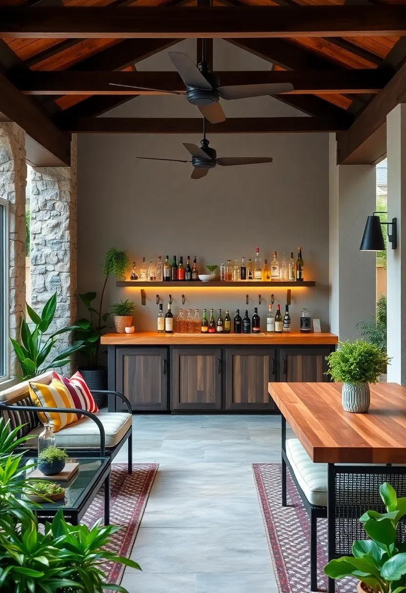 Farmhouse-inspired bar with ⁤a butcher block-style counter complete with hooks for‌ hanging glasses