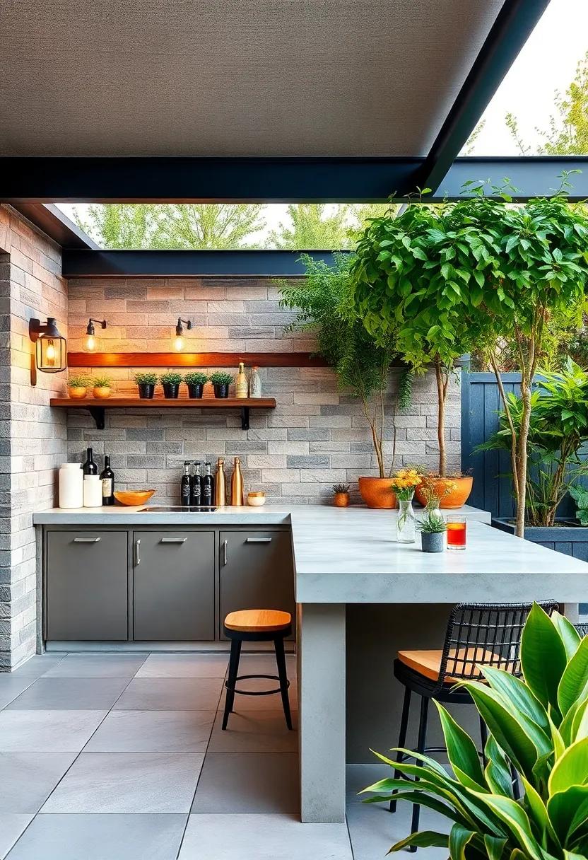 Industrial chic patio bar with a poured ⁣concrete counter and exposed steel framing for urban elegance
