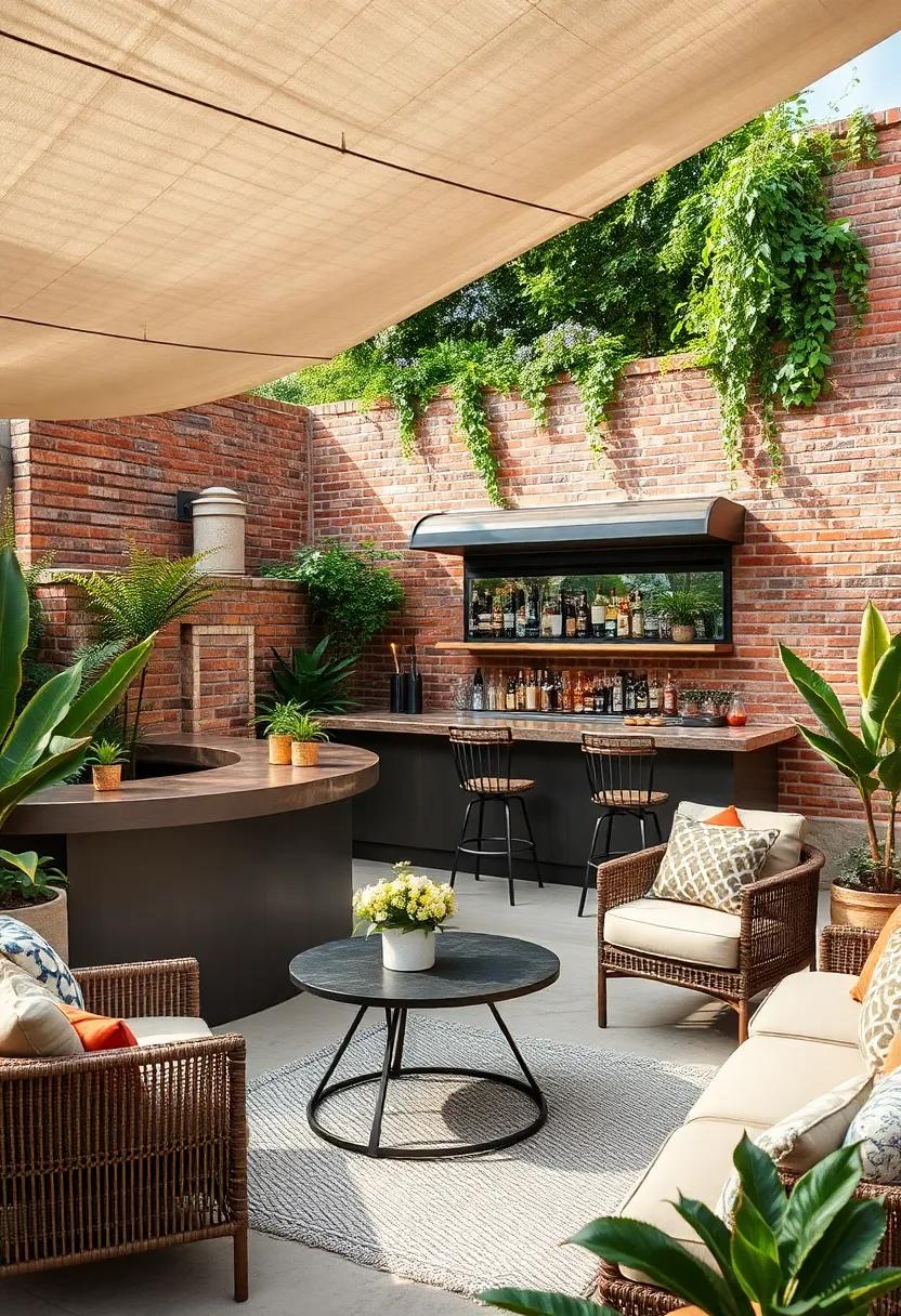 Industrial-style bar ​boasting a reclaimed steel counter paired with raw brick walls for an urban feel