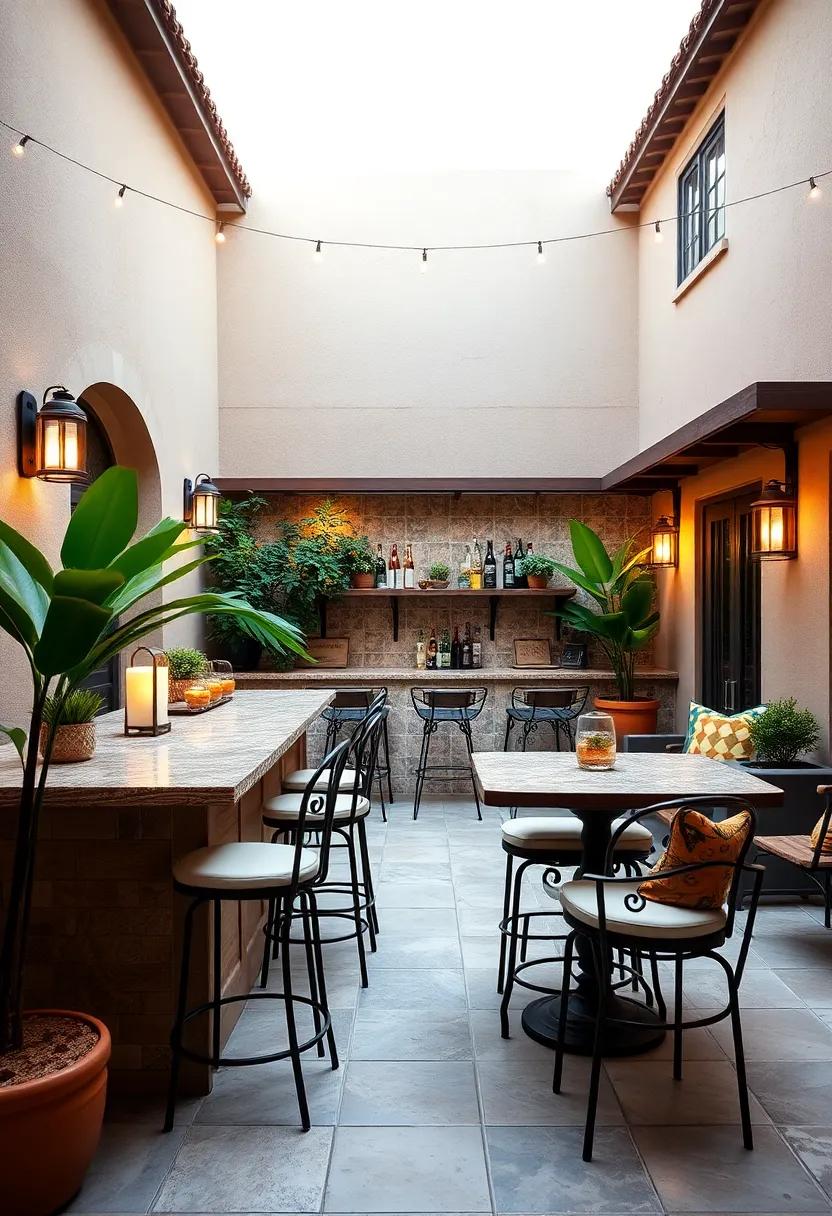 Mediterranean courtyard‍ bar featuring mosaic tile counters and wrought iron stools for timeless charm