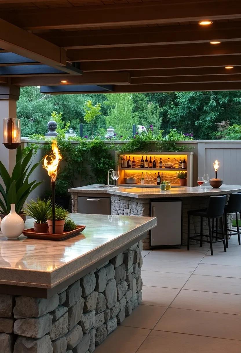 Outdoor bar with a polished river rock counter and ambient flaming torch lighting for rustic allure