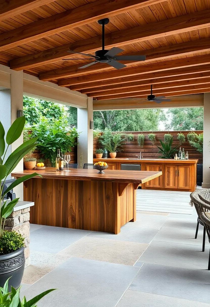 Rustic wooden bar featuring a natural live⁢ edge countertop that⁣ blends ​perfectly ‌with surrounding greenery