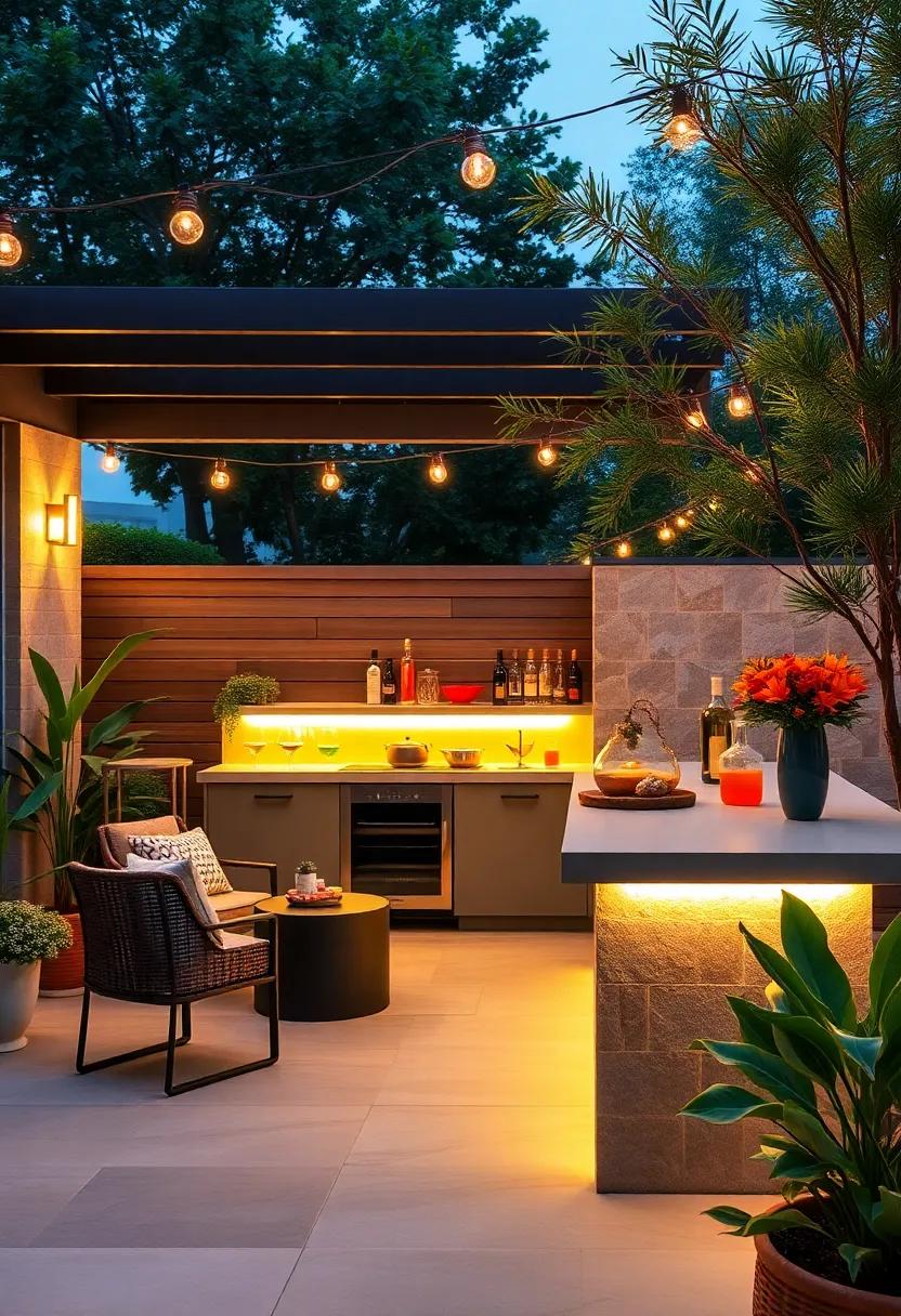 A sleek modern patio bar with a minimalist concrete counter and built-in LED lighting for a chic ⁣evening ambiance