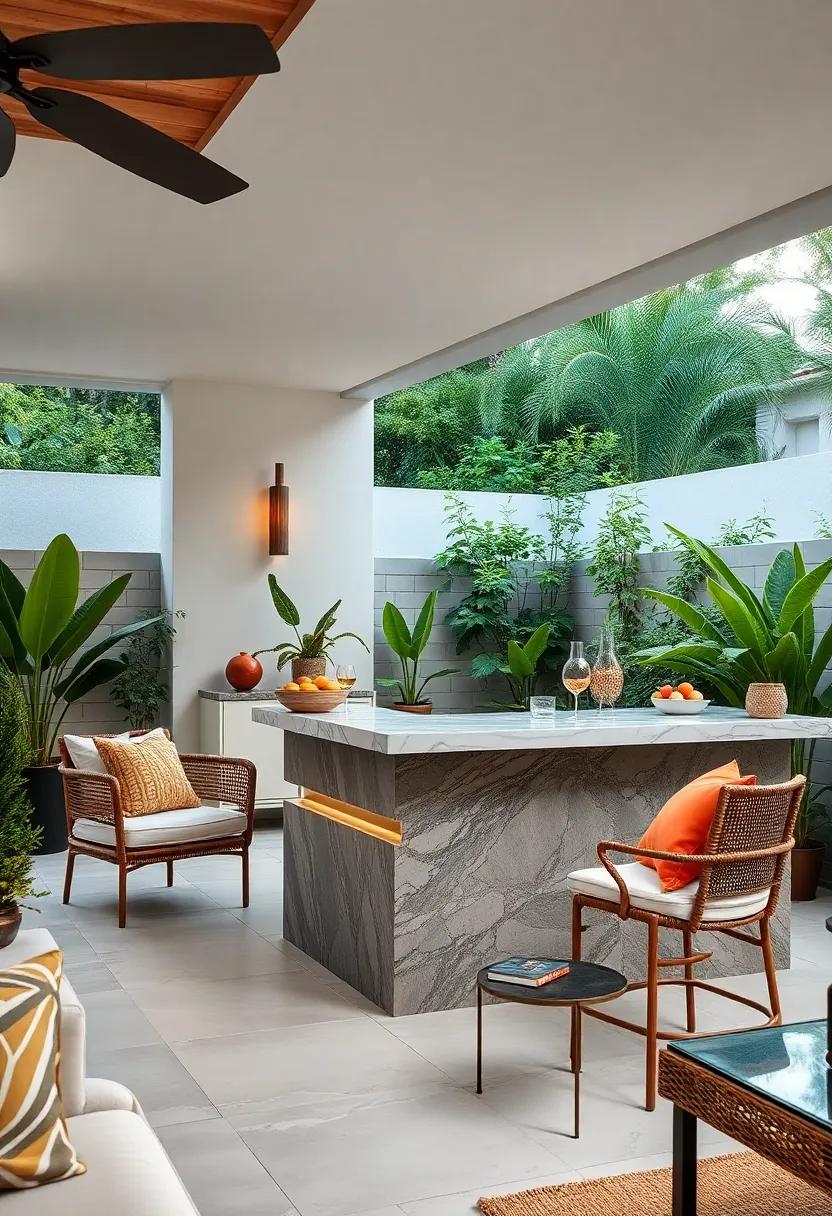 Sleek marble‍ and brass bar with a‍ floating countertop design that adds a touch⁢ of luxury to outdoor⁤ living