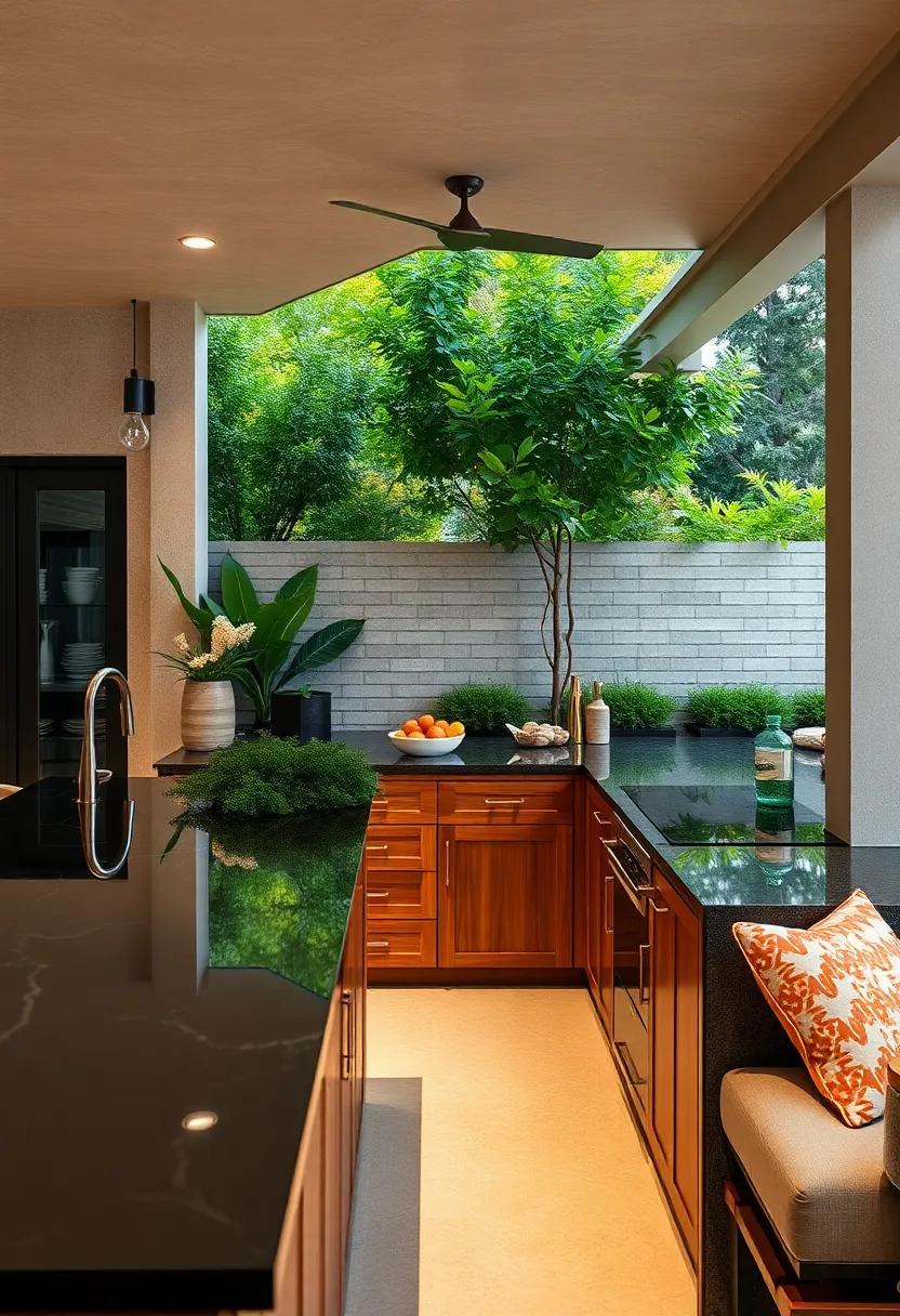 Sleek black⁤ granite⁢ countertop paired with mahogany cabinetry for a sophisticated,modern ‌outdoor lounge