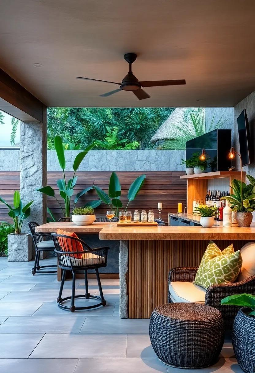 Tropical-themed bar with a bamboo counter‍ and⁤ tiki-inspired decor to transport you⁤ to an island getaway