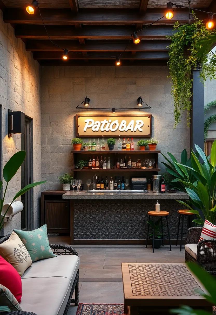 Vintage-inspired bar with an ornate pressed tin countertop and retro signage for nostalgic gatherings